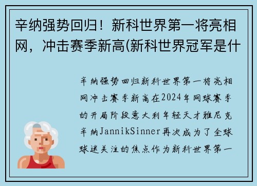 辛纳强势回归！新科世界第一将亮相网，冲击赛季新高(新科世界冠军是什么意思)