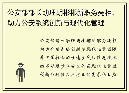 公安部部长助理胡彬郴新职务亮相，助力公安系统创新与现代化管理