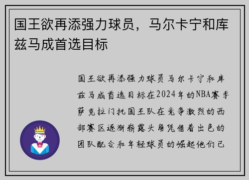 国王欲再添强力球员，马尔卡宁和库兹马成首选目标