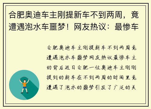合肥奥迪车主刚提新车不到两周，竟遭遇泡水车噩梦！网友热议：最惨车主