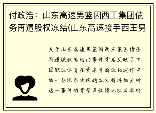 付政浩：山东高速男篮因西王集团债务再遭股权冻结(山东高速接手西王男篮)