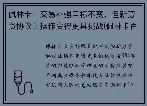 佩林卡：交易补强目标不变，但新劳资协议让操作变得更具挑战(佩林卡百度百科)