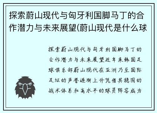 探索蔚山现代与匈牙利国脚马丁的合作潜力与未来展望(蔚山现代是什么球队)