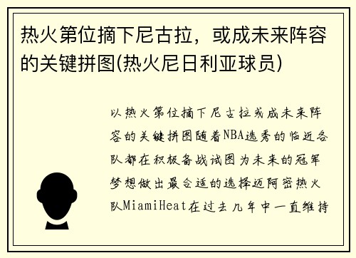 热火第位摘下尼古拉，或成未来阵容的关键拼图(热火尼日利亚球员)