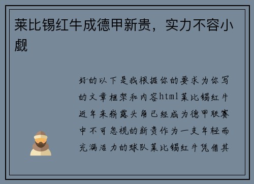 莱比锡红牛成德甲新贵，实力不容小觑