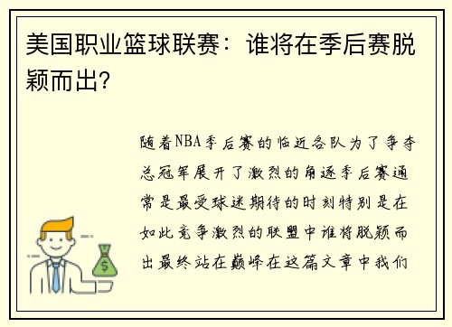 美国职业篮球联赛：谁将在季后赛脱颖而出？